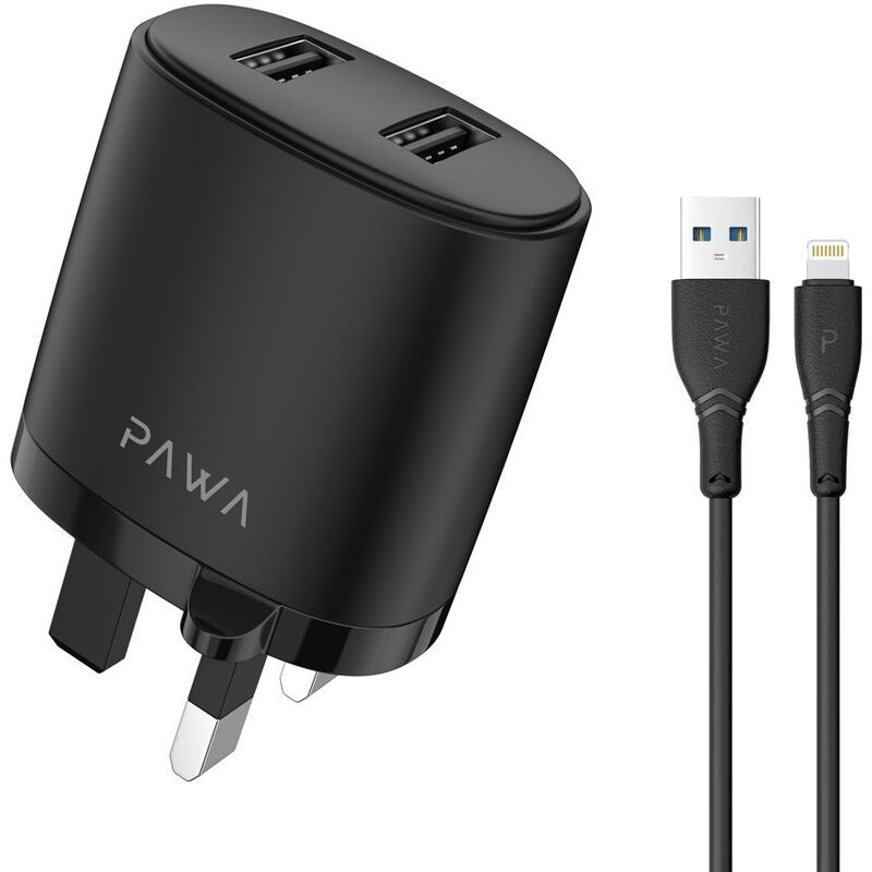Pawa Dual Usb Port Autoid Wall Charger 2.4A With Lightning Cable Black