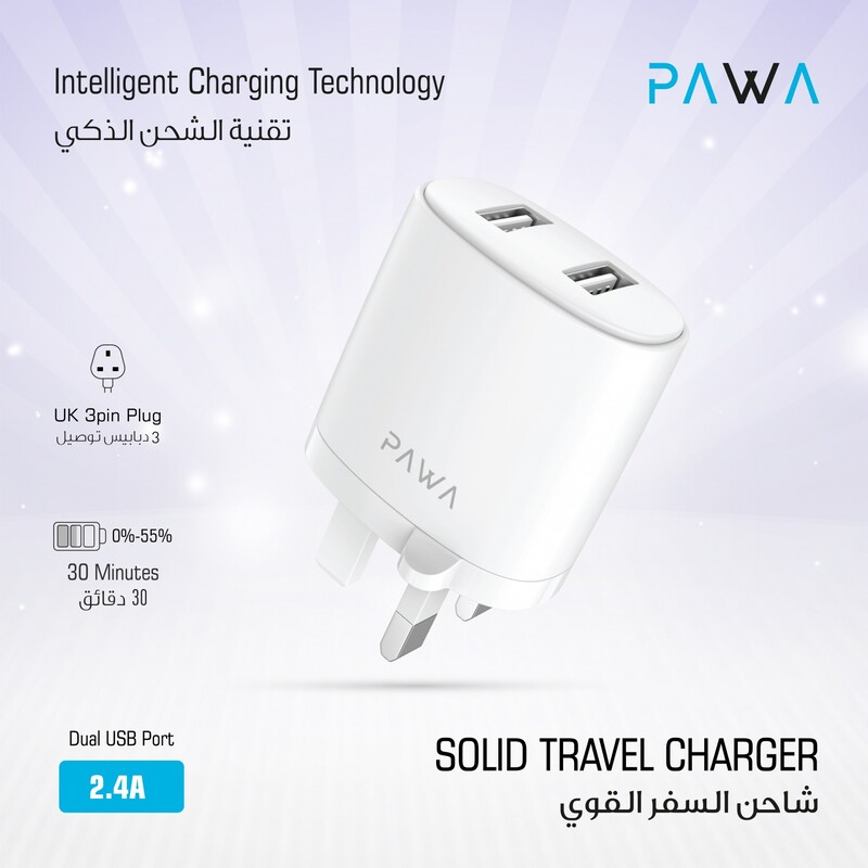 Pawa Dual USB Port AutoID Wall Charger 2.4A with Lightning Cable White