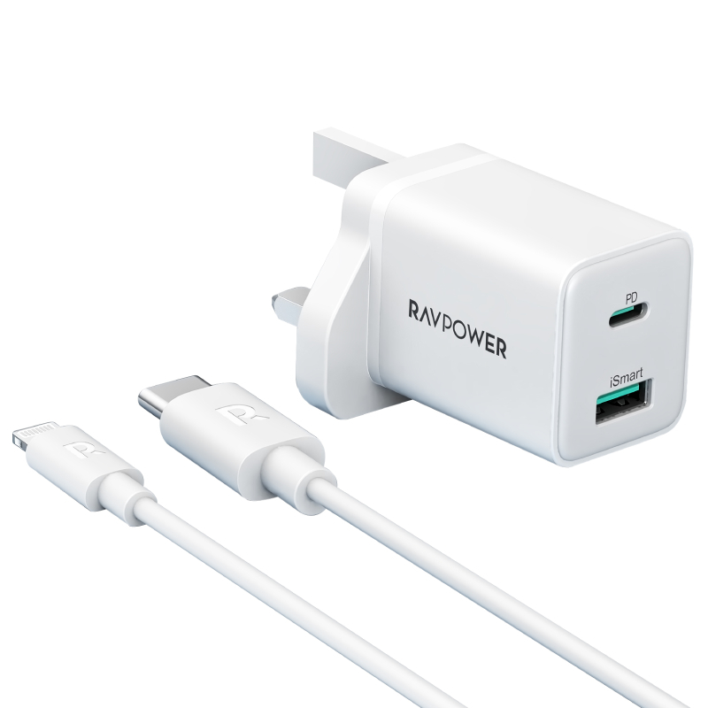 Ravpower Two-Port Wall Charger With Type-C Cable White 2-In-1