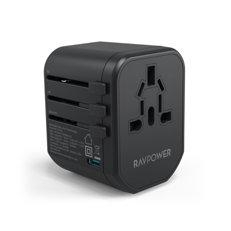 Ravpower 20W Multi-Port Travel Plug With Two Usb Ports And A Type-C Port Black