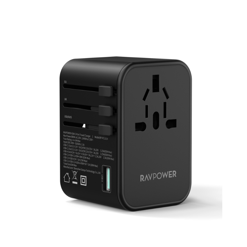 Ravpower 65W Multi-Port Travel Plug With Two Type-C Ports And A Usb Port