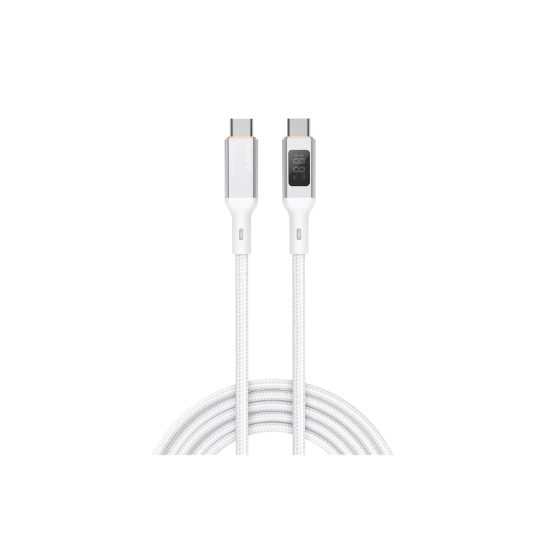 Aukey 100W Pd Nylon Braided Usb C To Usb-C Cable With Lcd 1.8M Mcc102 White