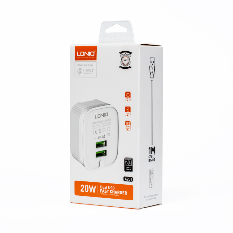 LDNIO Fast Charger 2 USB Port 3.6 A PD 20W with Micro USB Cable 1m