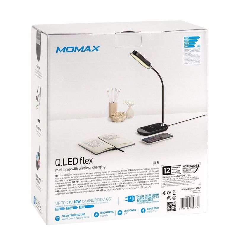 Momax Q.LED Flex Desk Lamp 10W Wirelesscharging Black