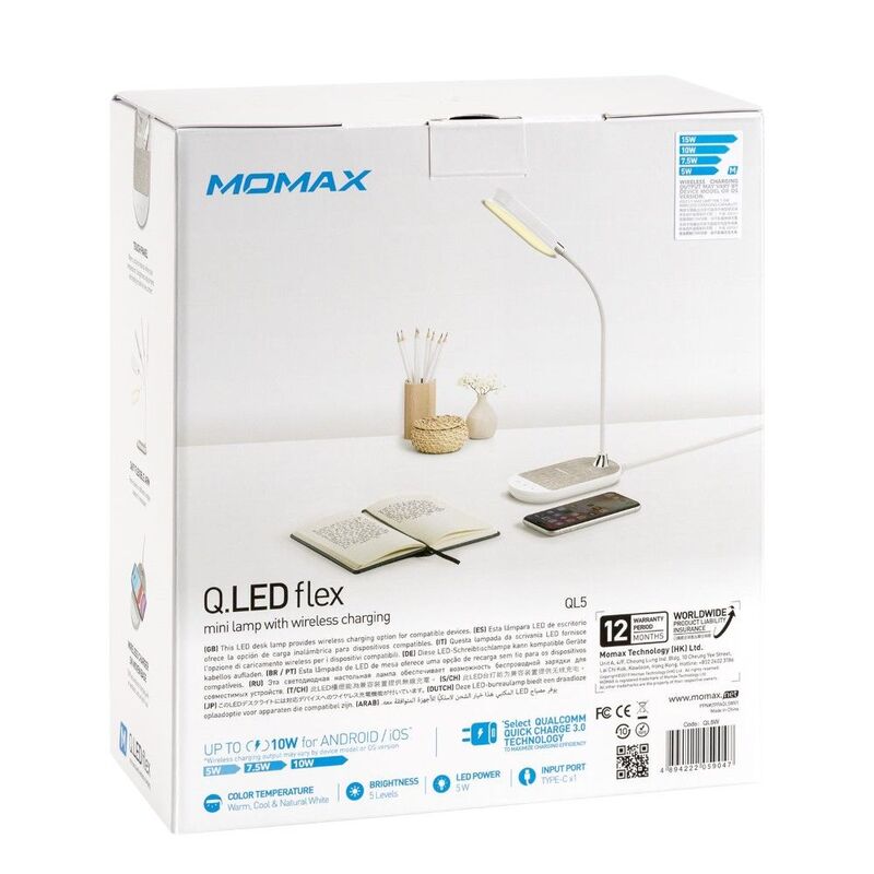Momax Q.LED Flex Desk Lamp 10W Wirelesscharging White