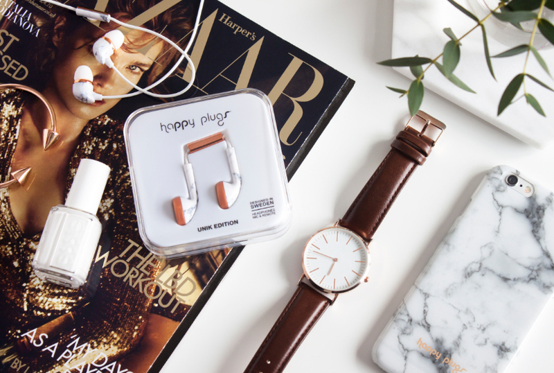 Happy Plugs Deluxe White Marble/Rose Gold Earbuds