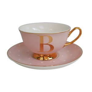 Alphabet Spotty Teacup and Saucer Letter B Gold Tea Rose Pink