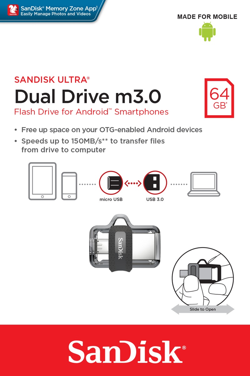 Sandisk Ultra Dual M3.0 USB Flash Drive 64GB USB Type-A/Micro-USB 3.2 Gen 1 (3.1 Gen 1) Black,Silver,Transparent